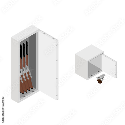 Weapon storage. Metal safe with rifle gun inside and bank safe with pistol revolver