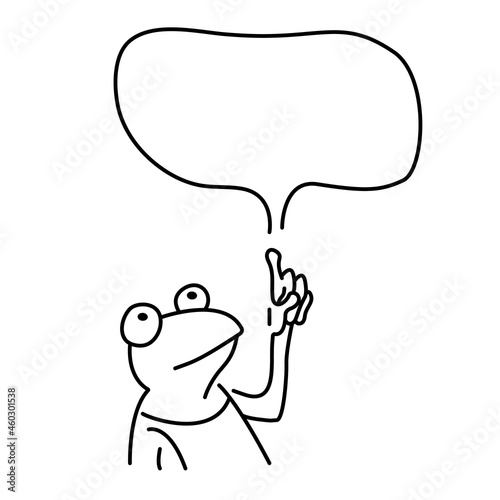 Funny serious frog points to speech bubble. Simple vector doodle illustration isolated on white background.