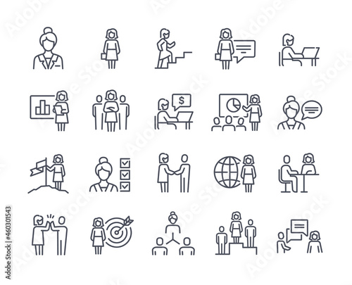 Set of businesswoman related linear icons on white background. Templates of handshake, meeting, female leader and other elements. Flat cartoon vector illustration