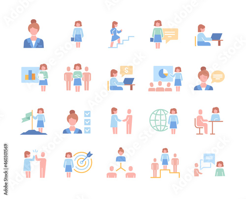 Set of businesswoman essential colorful elements on white background. Templates of handshake, meeting, female leader and other cute useful icons. Flat cartoon vector illustration