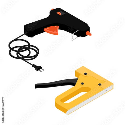 Furniture stapler and hot glue gun repair tools isolated on white background isometric view.