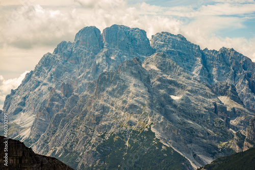 Mountain peak of Monte Cristallo (Crystal Mountain, 3221 m.) from Tre Cime di Lavaredo, Sesto or Sexten Dolomites near Cortina d'Ampezzo (Dolomiti Ampezzane), Veneto and Trentino-Alto Adige, Italy. photo