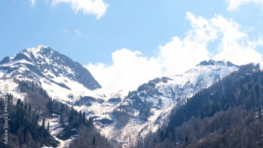 picturesque landscape of mountainous area, coniferous forest of foggy sky at Krasnaya Polyana in Sochi, Russia picturesque landscape of mountainous area, coniferous forest of foggy sky at Krasnaya Polyana in Sochi, Russia