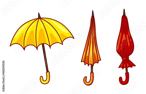 Set of opened and closed, folded umbrellas isolated on white background. Bundle red, orange, yellow cartoon umbrella.