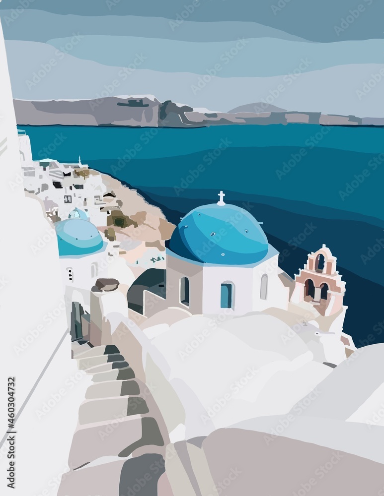 Obraz premium Santorini island, Greece. Illustration, poster