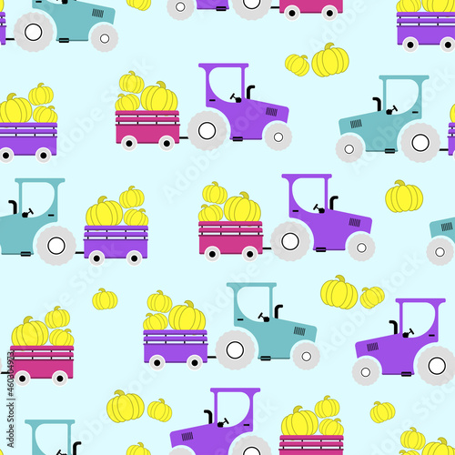 Seamless pattern with autumn pumpkins  tractors  trailer  wheelbarrow. vector illustration.