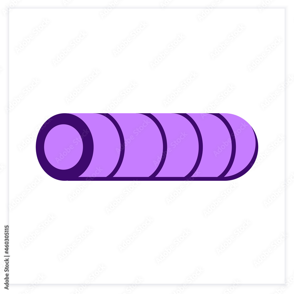 Foam roller flat icon. Fitness workout and yoga class tool. Concept of home gym equipment and body stretch training exercise. Color vector illustration