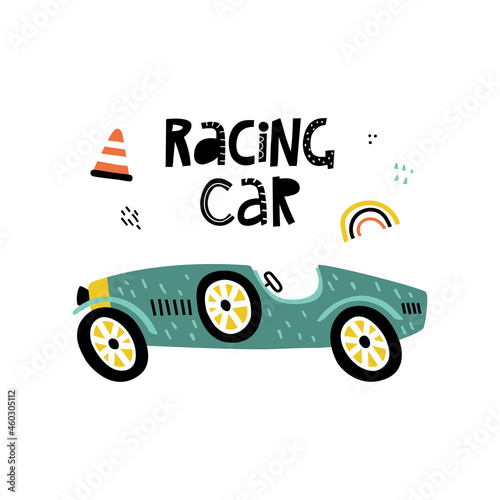 Racing blue car handwritten text and cartoon car with abstract shapes. Perfect for t-shirt  apparel  cards  poster  nursery decoration. Isolated on white background vector illustration