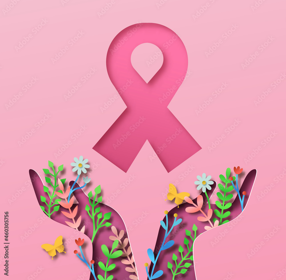 Fototapeta premium Breast cancer hand nature and pink ribbon papercut card