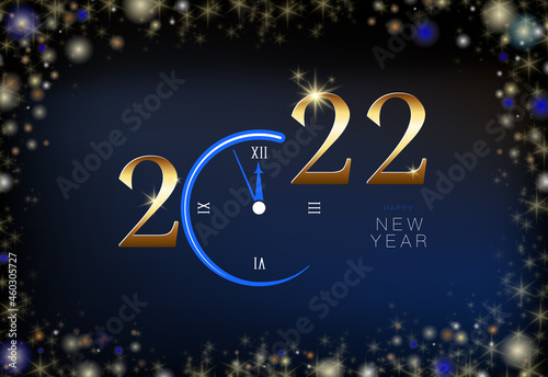 Happy New Year 2022. Creative design, five-minute clock numbers. In five minutes the New Year. Blue, Christmas night background. Design for calendar. Poster, modern, greeting card or print, template