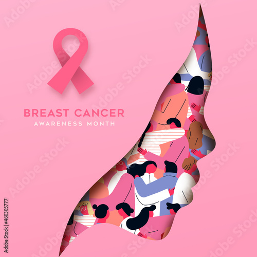 Breast Cancer month pink woman face with diverse people group