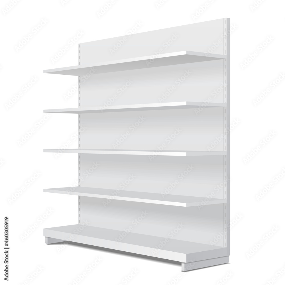 Mockup Long Blank Empty Showcase Display With Retail Shelves. Perspective View 3D. Illustration Isolated On White Background. Mock Up Template Ready For Your Design. Product Advertising. Vector EPS10 Mockup Long Blank Empty Showcase Display With Retail Shelves. Perspective View 3D. Illustration Isolated On White Background. Mock Up Template Ready For Your Design. Product Advertising. Vector EPS10
