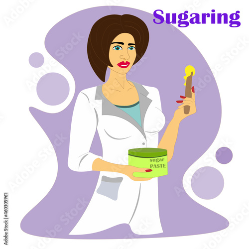 cosmetologist in white coat holds jar of sugar paste. Hair removal. Professional female cosmetologist. The procedure of hair removal with sugar. Perfect smooth female legs. The concept of skin care.