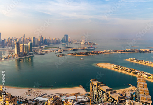 Dubai, UAE - 09.24.2021 Dubai city skyline on early morning hour. Dubai Marina and partial view of Palm Jumeirah. Urban
