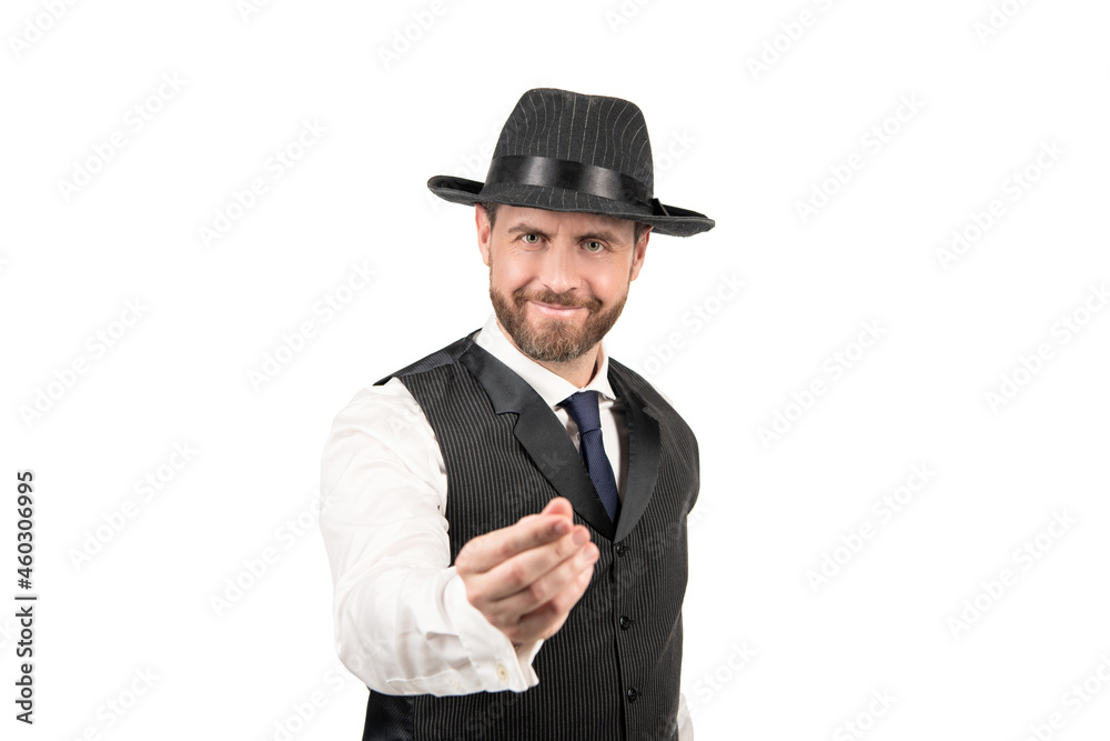 smiling vintage businessman in business casual style and hat showing money gesture, gentleman.