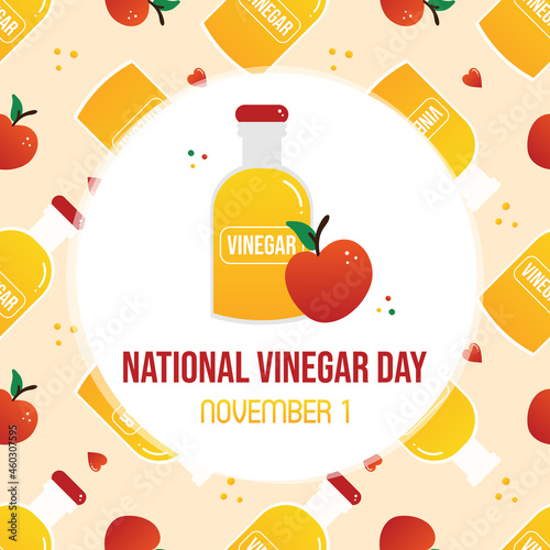 National Vinegar Day greeting card, vector illustration with bottle of apple cider vinegar and red juicy apple and seamless pattern background. November 1.
