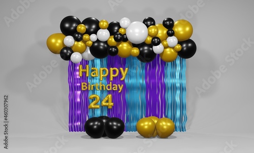 24st birthday greeting background with variations of black and white gold balloons 3d rendering photo