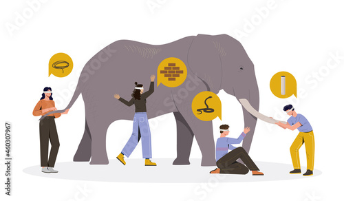 Four blindfolded male and female characters touching an elephant on white background. People with different perceptions, impressions and opinions towards an elephant. Flat cartoon vector illustration