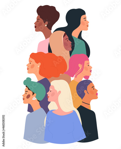 Set with diverse female portraits together with various ethnicity and hairstyle on white background. Concept of woman empowerment movement. International women's day. Flat cartoon vector illustration