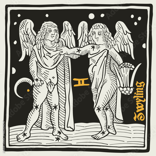 Gemini or Twins Zodiac sign and constellations. Illustration in medieval style with black-letter lettering.