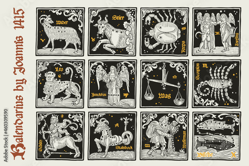 Zodiac signs set and constellations. Illustration in medieval style with black-letter lettering.