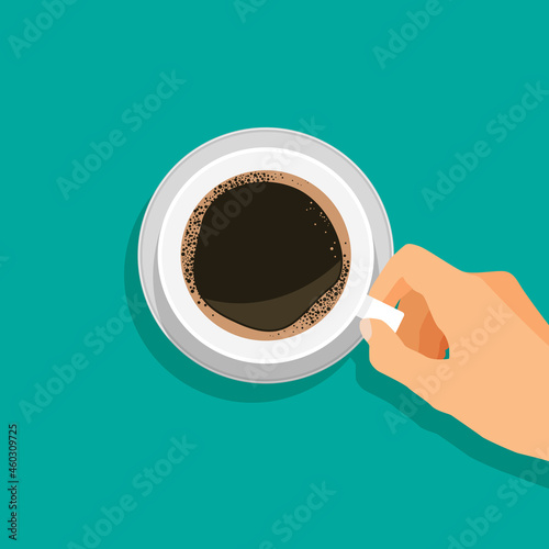 Hand holds hot coffee cup. Americano or espresso icon. Top view. Vector illustration in trendy flat style.