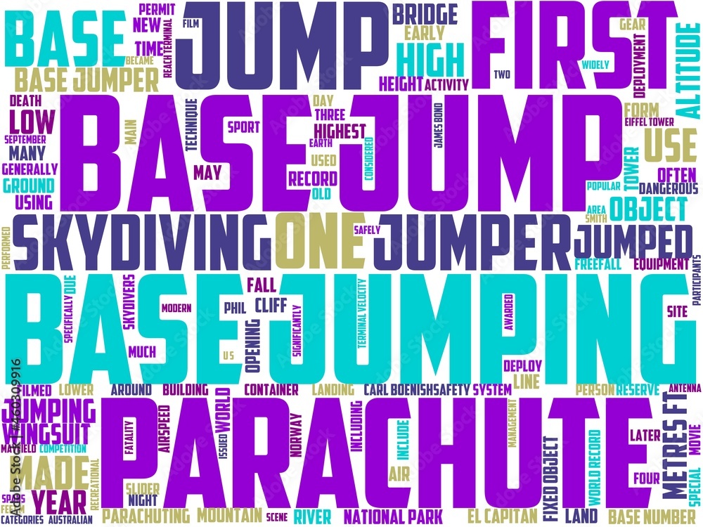 base jumping typography, wordcloud, wordart, extreme,base,adventure,parachute,sport base jumping typography, wordcloud, wordart, extreme,base,adventure,parachute,sport