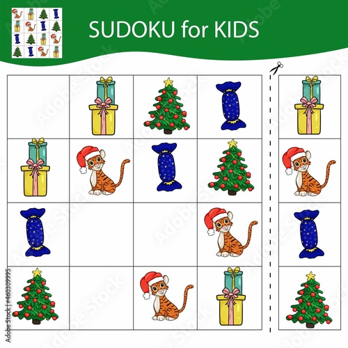 Sudoku game for kids with pictures. Merry Christmas and Happy New Year. The tiger is a symbol of the Chinese New Year with Christmas elements. Vector.