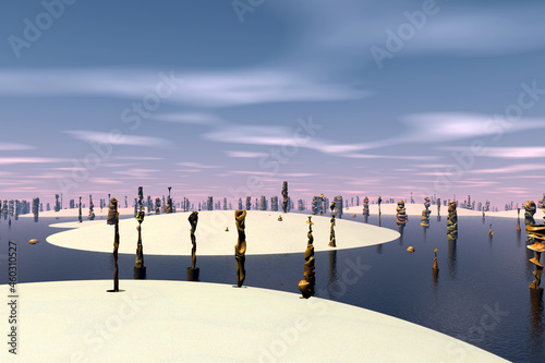 Alien planet. Stone pillars. Butte. 3D rendering © Pavel Parmenov