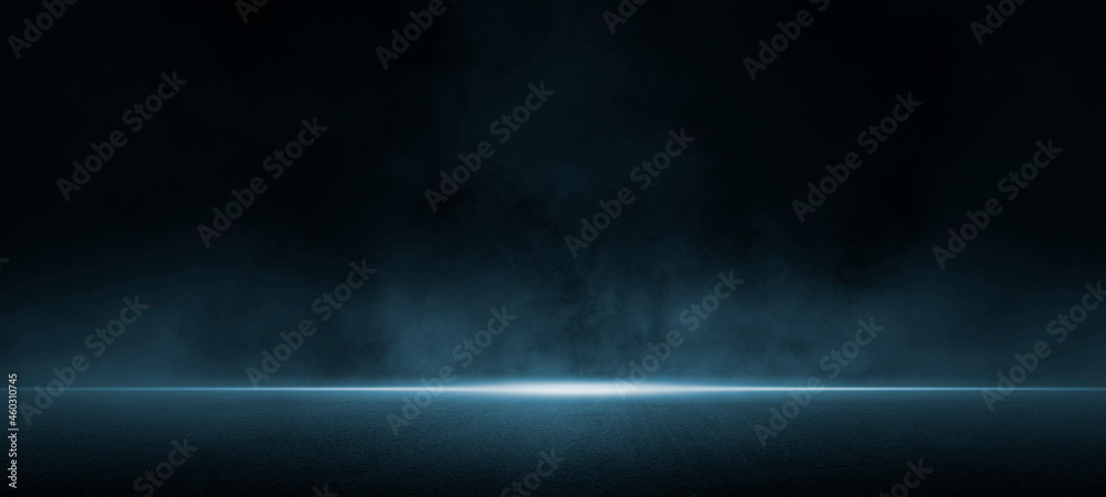 Dark street, asphalt abstract dark blue background, empty dark scene, neon light, spotlights The concrete floor and studio room with smoke float up the interior texture for display products  - obrazy, fototapety, plakaty 