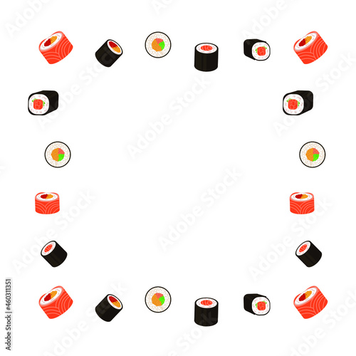 Vector Sushi Frame, Colorful Illustration, Cartoon Style Different Rolls Isolated on White Background, Japanese Cuisine.
