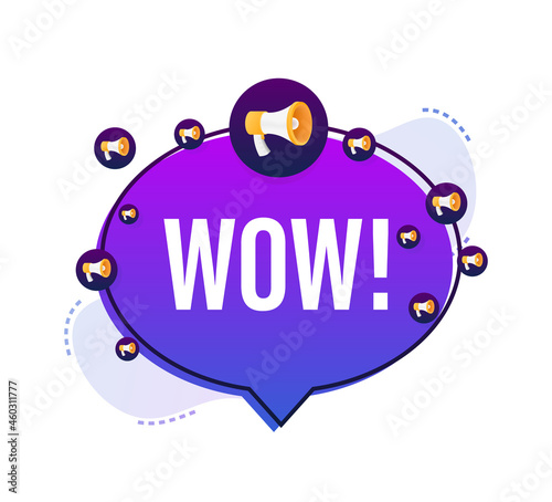 Wow megaphone. Flat vector illustration. Announce promotion offer. People communicate.