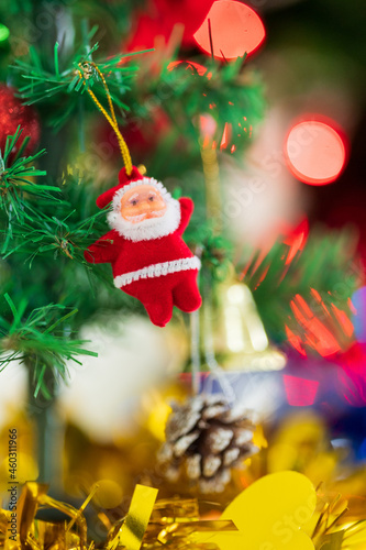 Decorated Christmas tree with blurred bokeh light background. Christmas and New Year concept