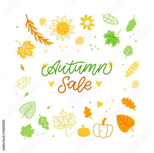 Trendy Autumn Sale Banner for decoration design.  Template For any purposes. Fashion For Kids, Wedding Business.  Hand Drawn Lettering. Frame With Flowers and Plants. Vector Illustration Background