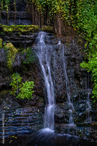 Fototapeta Naklejka Na Ścianę i Meble -  detail small waterfall between ferns and black rocks, rupit catalonia, spain