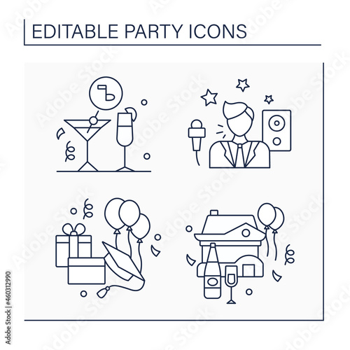 Parties line icons set. Cocktail and graduation parties, housewarming. Entertainer. Celebration of special occasions. Celebrating concept. Isolated vector illustration. Editable stroke