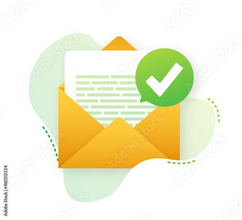 Opened envelope and document with green check mark. Verification email. Vector illustration.