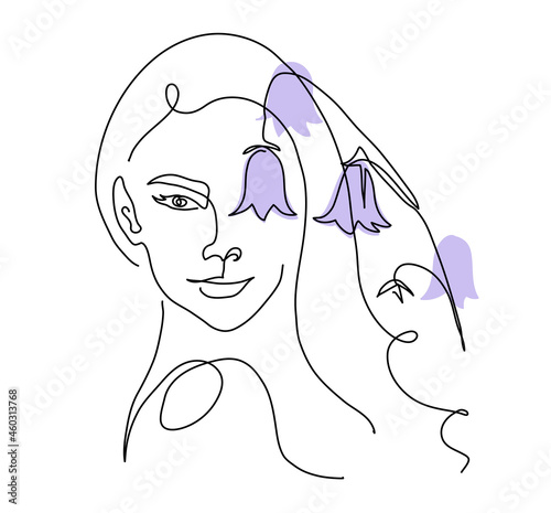 Girl face line art drawing with bells flowers. Modern continuous line vector illustration of face and color flowers