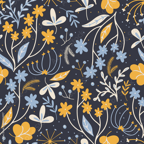 Hand drawn vector seamless pattern with branches  flowers and herbs on a dark blue background