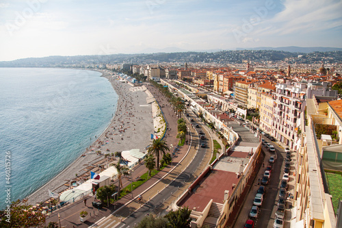Aerial view of Nice, France, with the beach and Promenade des Anglais. Nice is the capital of the Alpes-Maritimes department on the French Riviera.