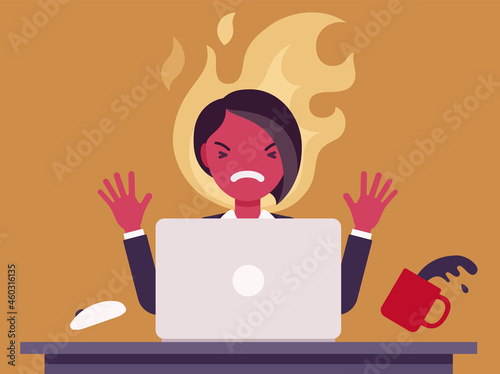 Businesswoman working with laptop flamed in anger. Burnout, office worker losing temper in annoyance, rage, displeasure with work, overworked employee, computer damage or harm. Vector illustration