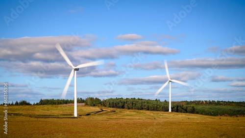 Twin Turbines at Green Rigg Wind Farm, an 18 turbine onshore Wind Farm located near Sweethope Loughs in Northumberland, England