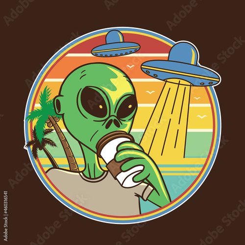 Illustration design alien drink coffee at beach in flat cartoon style. Good for logo, background, tshirt, banner