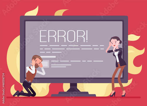 Computer screen of death, stop error, fatal system problem. Frustrated office male, female clerk in panic with device crash in fire, hardware failure, software stop working. Vector illustration