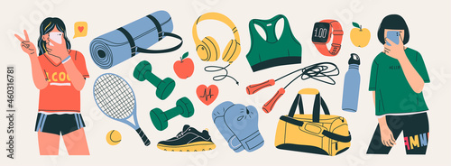 Sporty young Girls taking a selfie on smartphone. Various Sport equipment set. Different isolated Fitness inventory, gym accessories. Healthy lifestyle concept. Hand drawn modern Vector illustrations