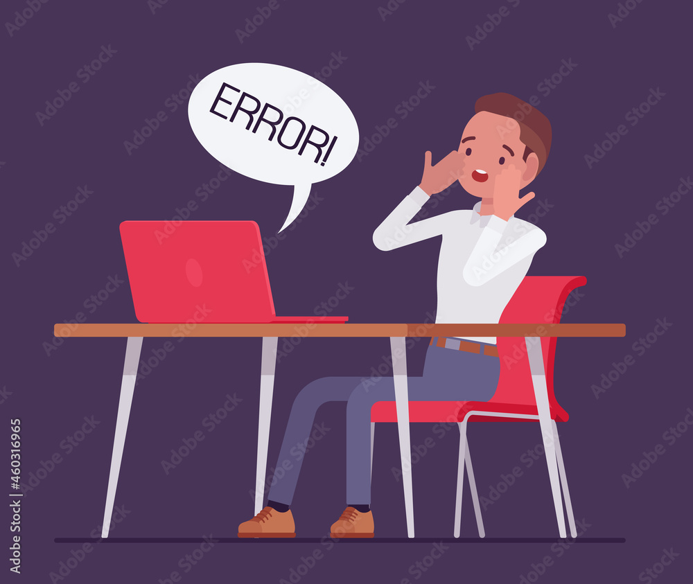 Office male clerk afraid of computer failure, hardware, software error