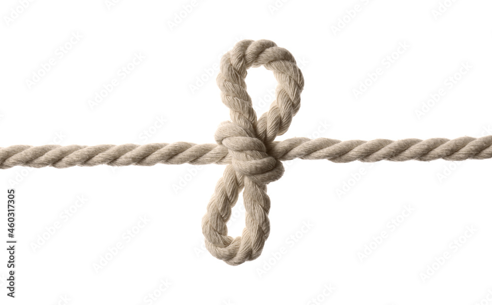 Cotton rope with bow knot on white background