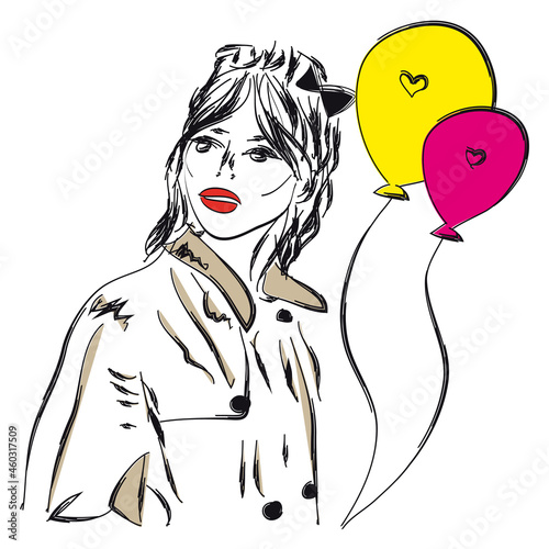 Model in trenchcoat with balloons