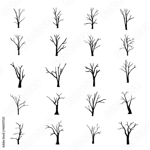 vector illustration set Dry bare tree silhouette with no living leaves. Dead wood. Hand drawn damaged environment. isolated on a white background