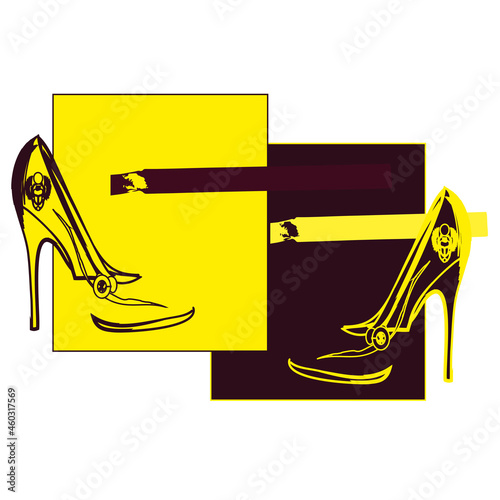 High heels yellow and burgundy shoes, drawing, logo